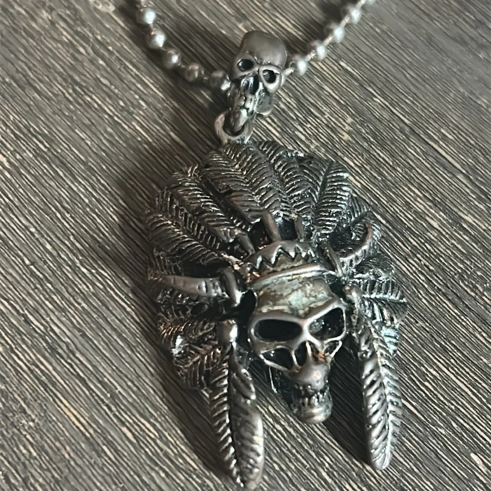 Silver Skull Feather Pendant‎ Necklace Stainless